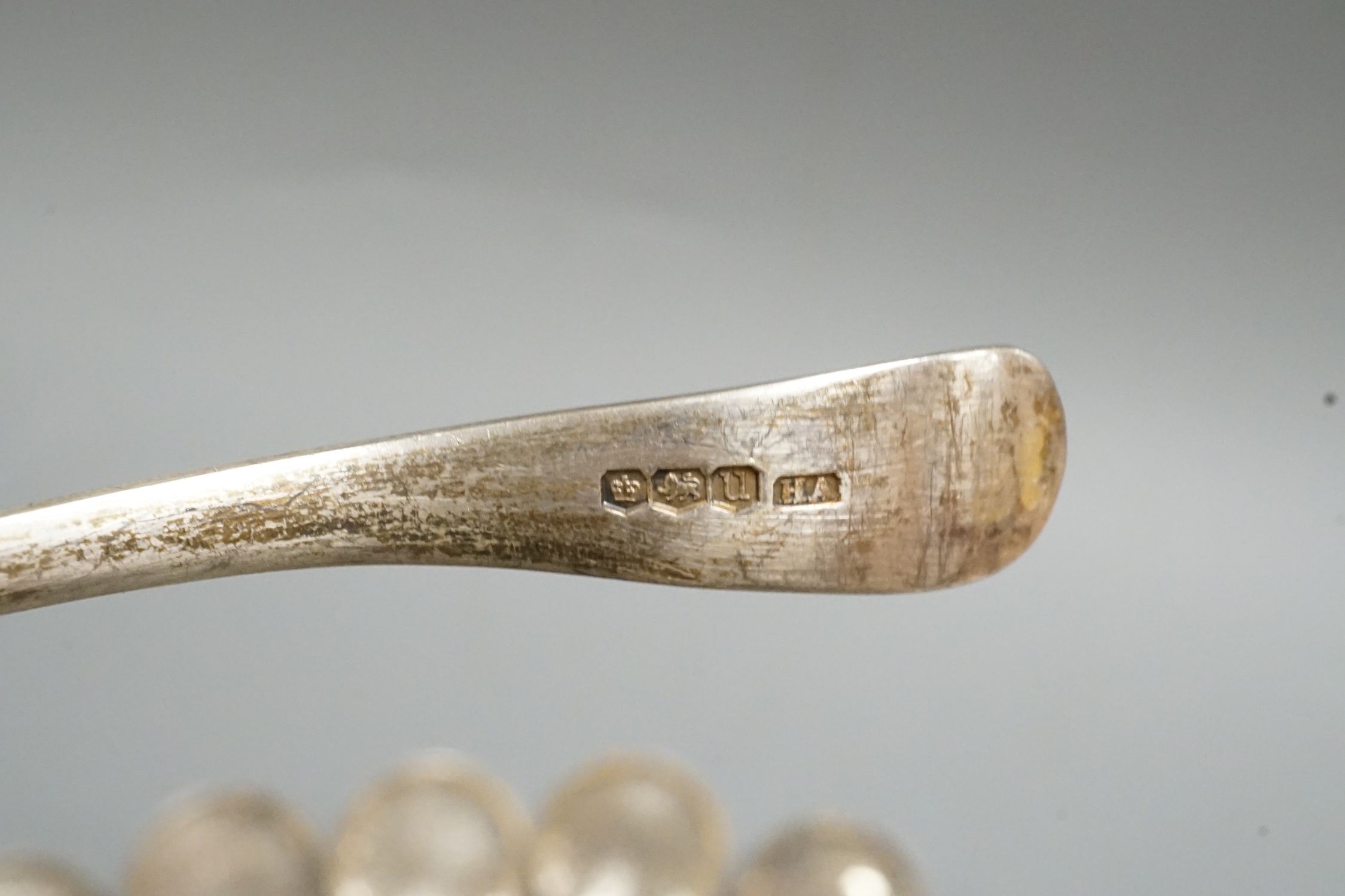 A set of ten George VI silver Hanovarian pattern sifter ladles, Atkin Brothers, Sheffield, 1937, 11.5cm, 8.6oz.